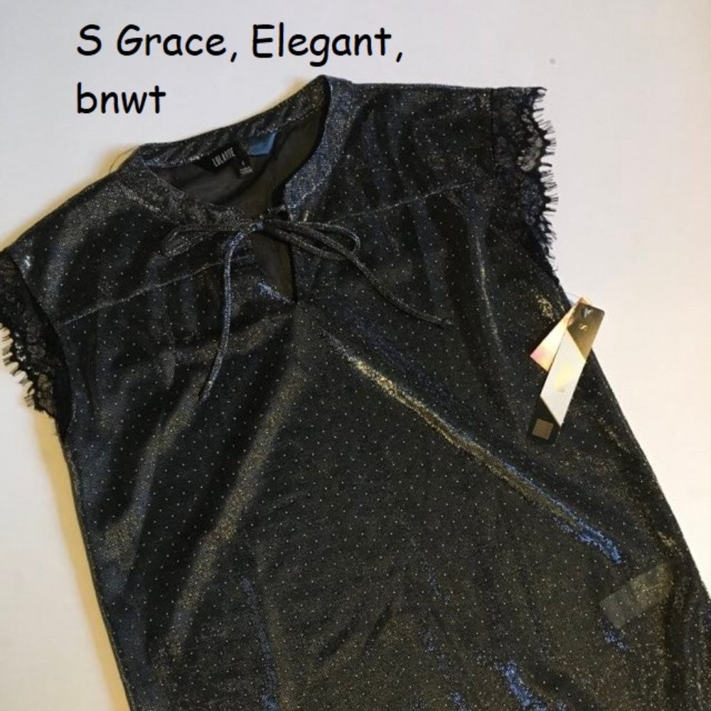 Small Lularoe Grace top, Elegant, black silver with dots